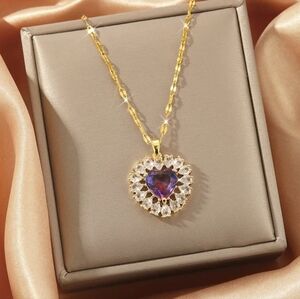 Gold Plated Titanium Steel Purple Ocean Heart Pendant Necklace With Zircon